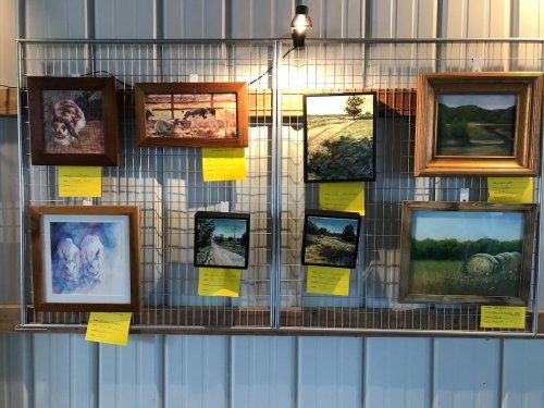 A display of various framed paintings on a wire grid, with yellow labels underneath each artwork.