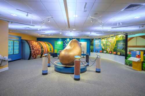 A large, sculptural bean centerpiece in a colorful exhibit space with informational displays about beans.