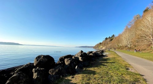 A serene lakeside view with clear blue skies, rocky shoreline, and a path lined with trees and people enjoying the scenery.