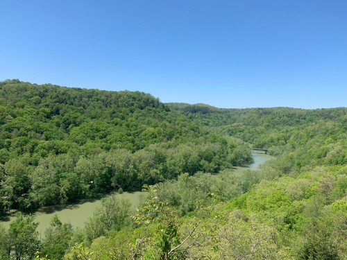 A scenic view of a lush green valley with a winding river under a clear blue sky.