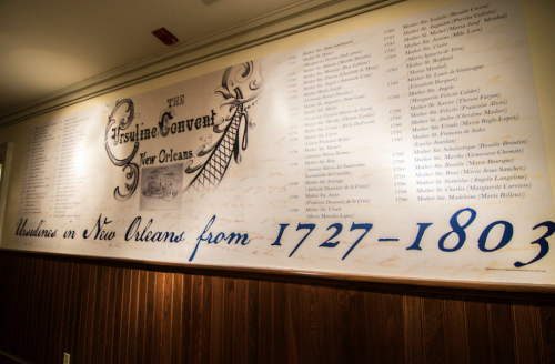 A wall display listing names and dates related to the Ursuline Convent in New Orleans, established 1727-1803.