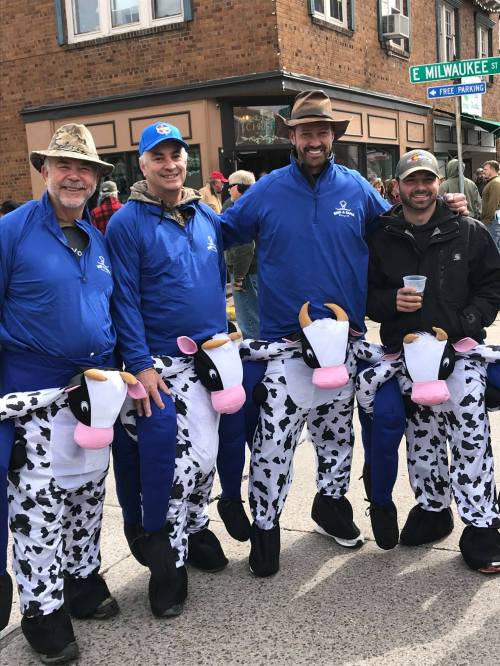 Four men in cow costumes pose together at a street event, smiling and holding drinks. A sign for Milwaukee St is visible.