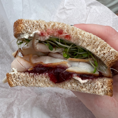 A hand holding a sandwich with turkey, sprouts, and cranberry sauce on whole grain bread.
