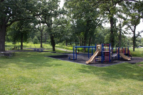 A playground with slides and swings surrounded by green grass and trees on a sunny day.