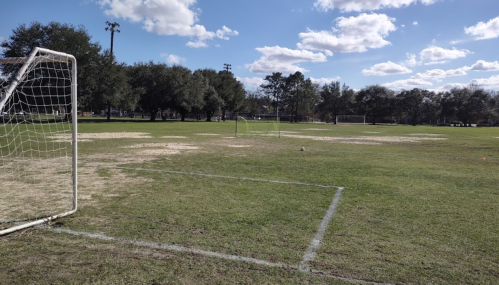 A grassy soccer field with goalposts under a blue sky and scattered clouds, surrounded by trees.