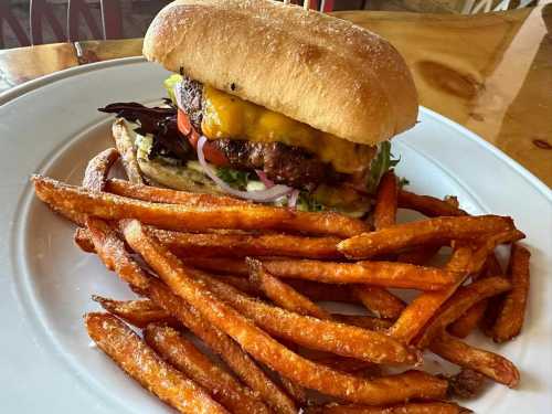 A juicy cheeseburger with lettuce, tomato, and onion, served with a side of crispy sweet potato fries on a white plate.