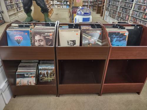 A display of vinyl records organized in wooden shelves at a store, with a large figure in the background.