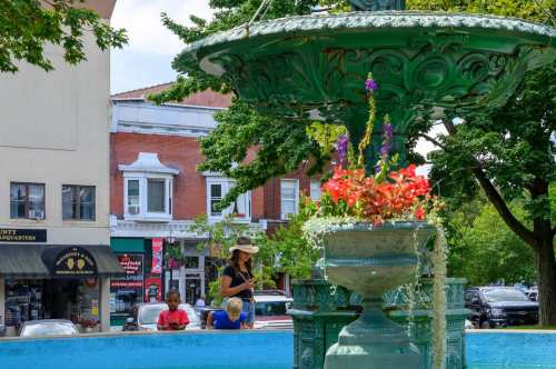 A decorative fountain with flowers in a park, people sitting nearby, and buildings in the background on a sunny day.