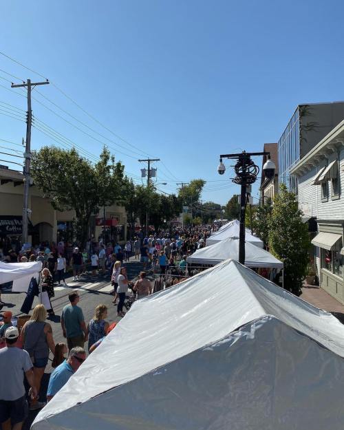 A bustling street fair with crowds of people and vendor tents under a clear blue sky.
