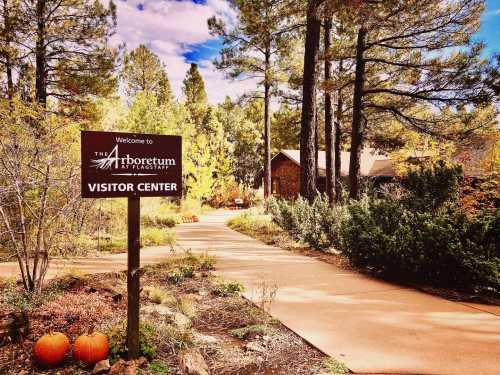 A sign for the Arboretum Visitor Center, surrounded by trees and autumn foliage, with pumpkins in the foreground.