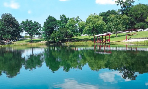 A serene lake reflecting trees and a gazebo, surrounded by lush greenery and a blue sky with fluffy clouds.