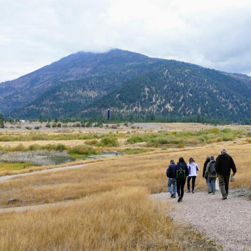 A group of people walking on a path through a grassy area with mountains in the background under a cloudy sky.