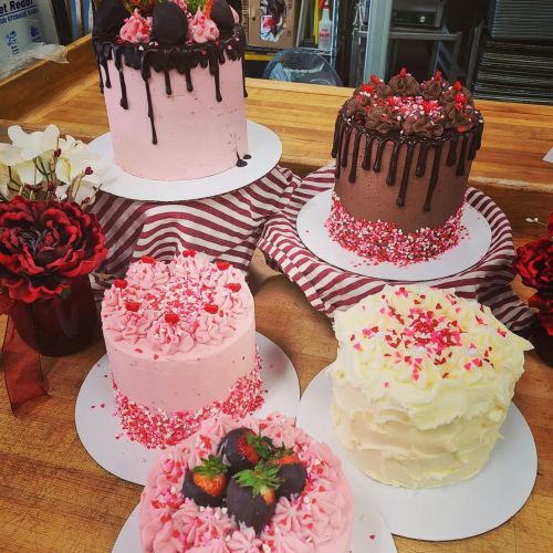 A display of six beautifully decorated cakes in various colors, topped with sprinkles and chocolate, on a wooden table.
