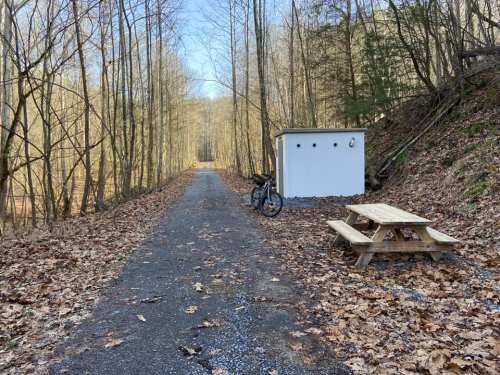 A bike rests next to a picnic table on a gravel path surrounded by trees and fallen leaves.