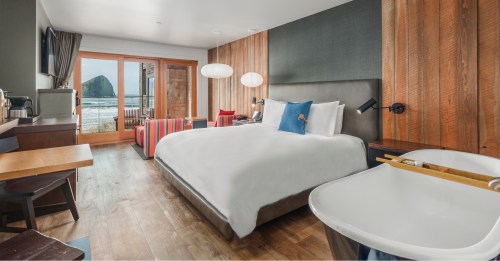 Cozy hotel room with a large bed, wooden accents, and ocean view through sliding glass doors.