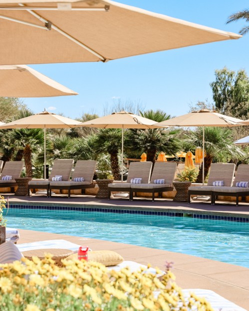 A sunny poolside scene with lounge chairs, umbrellas, and palm trees, creating a relaxing atmosphere.