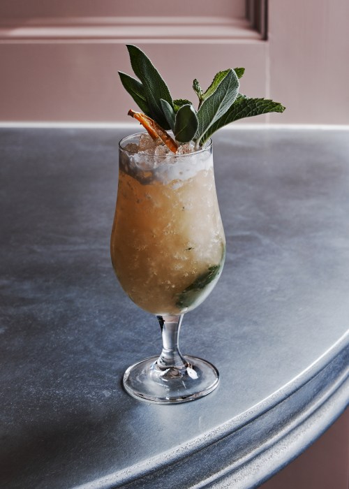 A refreshing cocktail in a tall glass, garnished with mint and a slice of orange, on a sleek gray surface.