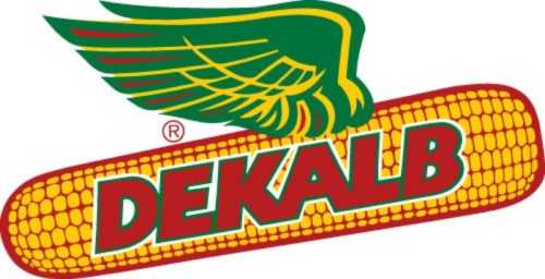 Logo of DEKALB featuring a yellow corn cob with a green wing design above the name in bold red letters.