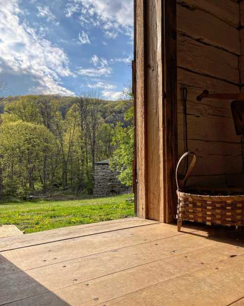 View from an open door of a rustic cabin, showcasing a lush green landscape and blue sky with clouds.