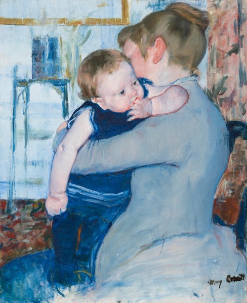A woman gently holds a baby, both looking serene, with soft colors and a cozy interior in the background.
