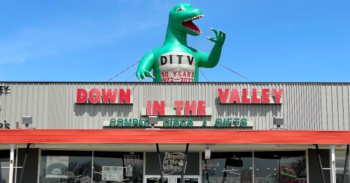 A large green dinosaur statue atop a store sign that reads "Down in the Valley - Compact Discs - Gifts."