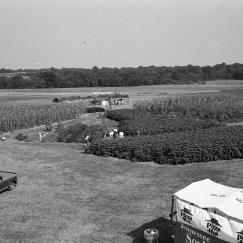 A black and white photo of a rural landscape with fields, a gathering area, and a Pizza Hut tent in the foreground.