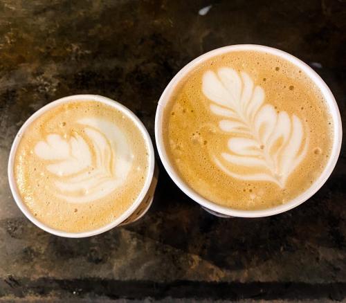 Two cups of coffee with latte art, one larger than the other, featuring a leaf and heart design on the surface.