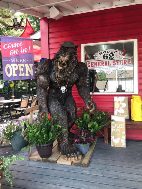 A large Sasquatch statue wearing a hat stands outside a general store, surrounded by potted plants and colorful signs.