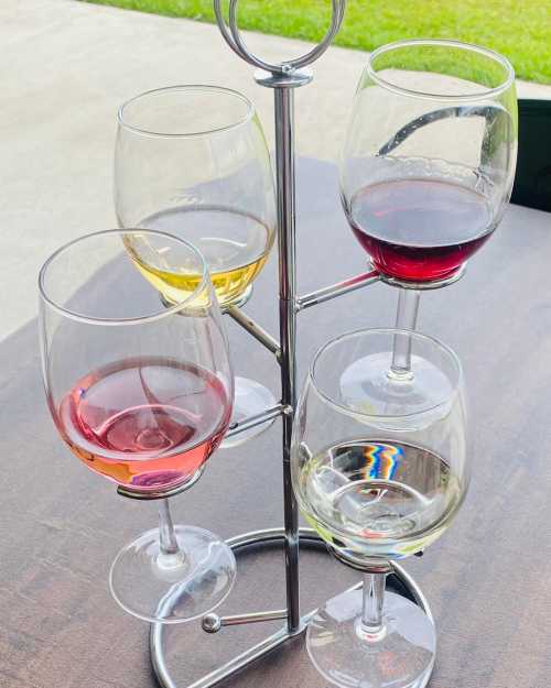 A wine holder displaying four glasses of different wines: red, white, rosé, and yellow.