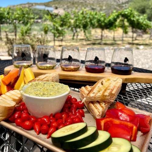 A platter of fresh vegetables, dips, and grilled bread, paired with a flight of colorful wine glasses in a vineyard setting.