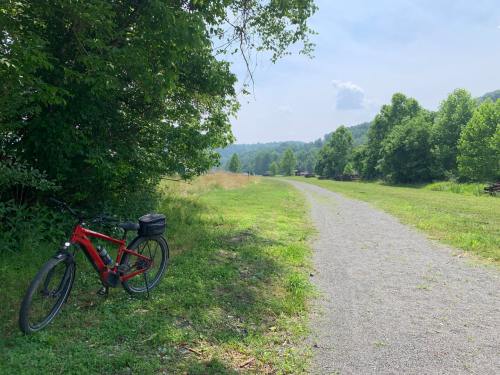 A red bicycle rests on a gravel path surrounded by lush greenery and trees under a clear blue sky.