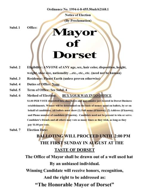 Election notice for Mayor of Dorset, detailing eligibility, voting process, and title for the winning candidate.