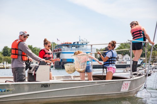 A group of people in life jackets on a boat, fishing and collecting samples from the water on a sunny day.