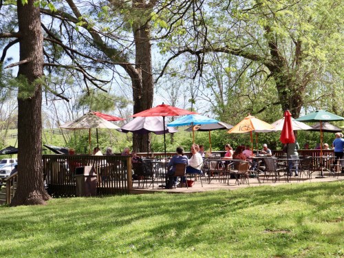 Outdoor dining area with people sitting under colorful umbrellas, surrounded by trees and greenery.