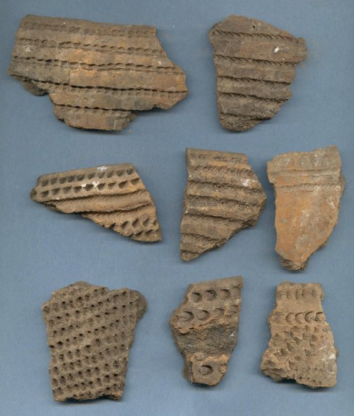 Eight pieces of textured pottery shards arranged on a blue background, featuring various patterns and designs.
