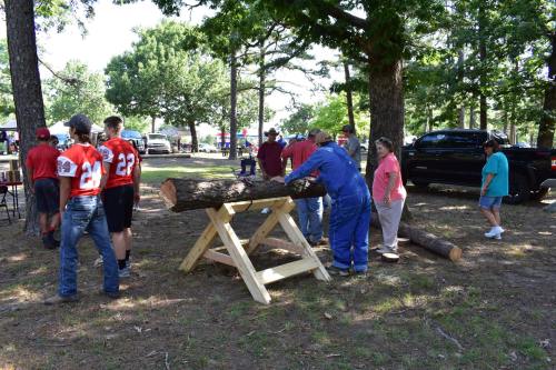 A group of people gathers around a log on a wooden stand, with some wearing red jerseys, in a park setting.