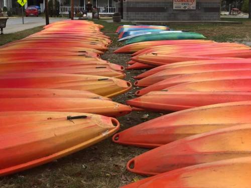 A row of colorful kayaks in shades of orange, red, and green lined up on grass near a building.