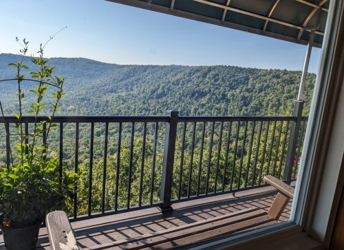 A scenic view of lush green mountains from a balcony, with a potted plant in the foreground.