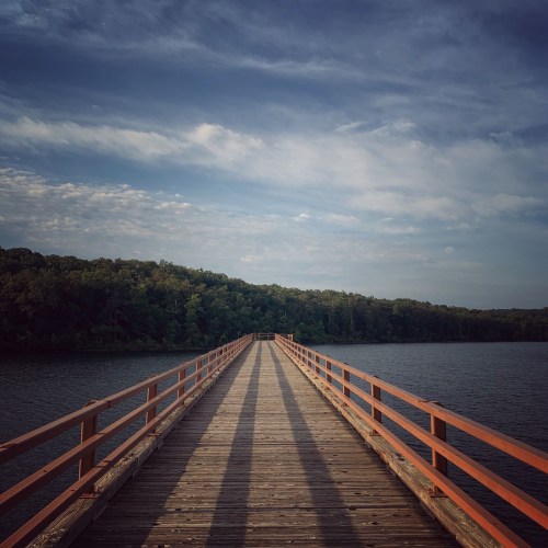 A wooden pier extends over calm water, surrounded by trees under a cloudy sky. Shadows stretch along the path.