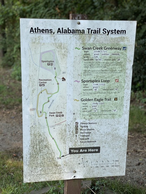 Trail map for Athens, Alabama, showing routes for Swan Creek Greenway, Sportsplex Loop, and Golden Eagle Trail.