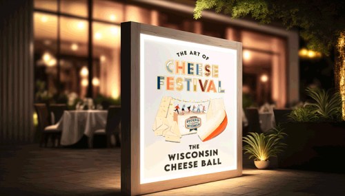 A illuminated sign for the Art of Cheese Festival featuring "The Wisconsin Cheese Ball" outside a restaurant.