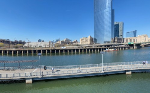 A waterfront view featuring a modern skyline, a river, and a pedestrian walkway under a clear blue sky.
