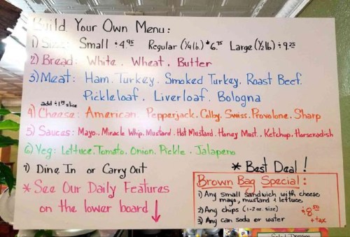 Menu for building your own sandwich with options for size, bread, meat, cheese, sauces, and veggies. Dine in or carry out.