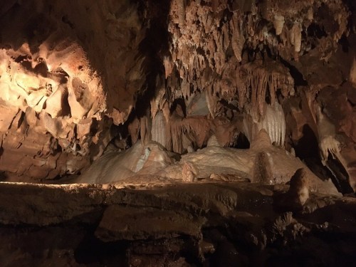Stalactites and stalagmites in a dimly lit cave, showcasing intricate rock formations and textures.