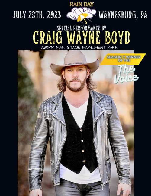 A promotional poster for Craig Wayne Boyd's performance on July 29, 2023, in Waynesburg, PA, featuring a cowboy hat and jacket.