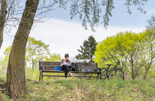 A person sits on a bench in a park, reading, with a bicycle nearby and greenery in the background.