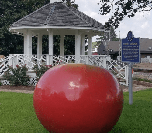 A large red tomato sculpture in front of a gazebo and historical marker in a grassy area.
