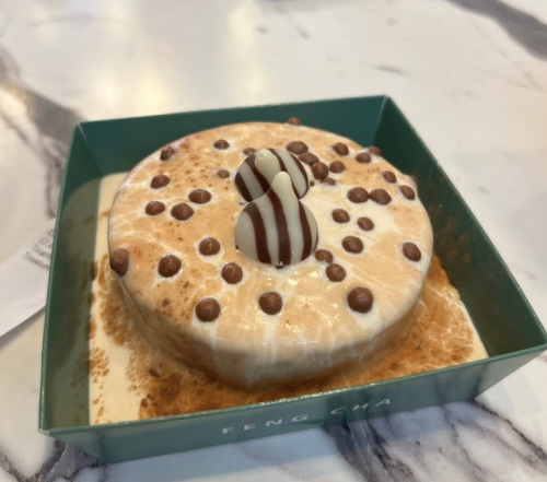 A round dessert with a creamy top, chocolate drizzle, and small chocolate balls, served in a green box.