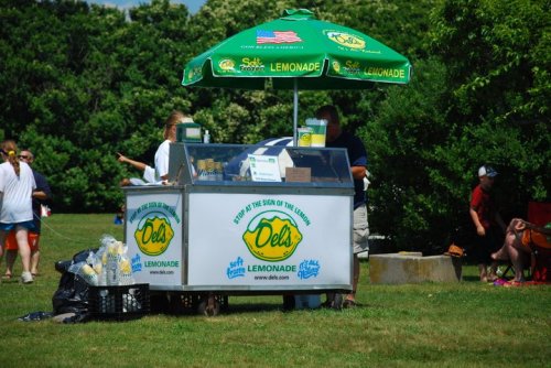A lemonade stand with an umbrella in a park, surrounded by people enjoying a sunny day.
