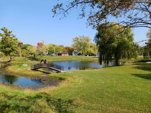 A serene park scene featuring a pond, a small bridge, and colorful trees under a clear blue sky.